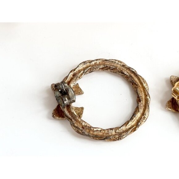 Gold Toned Braided Rope Bow Ribbon Vintage Post Back Holiday Themed Earrings - Picture 8 of 10